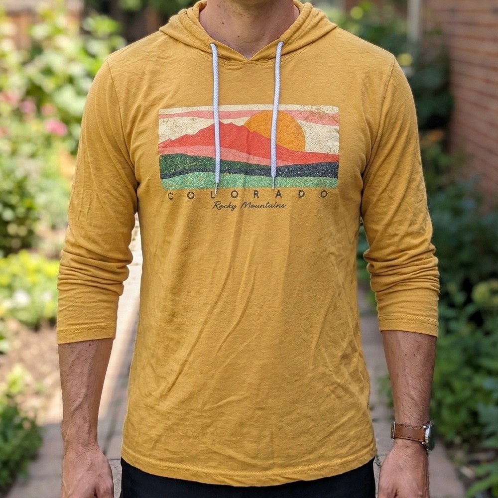 Prairie Mountain Colorado Rocky Mountains Hooded T-Shirt Mustard Yellow Heather